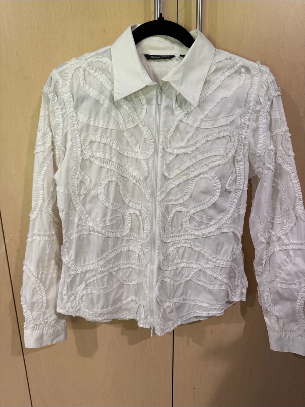 Samuel Dong White Ruffle-Trim Zip Front Button-Down Shirt